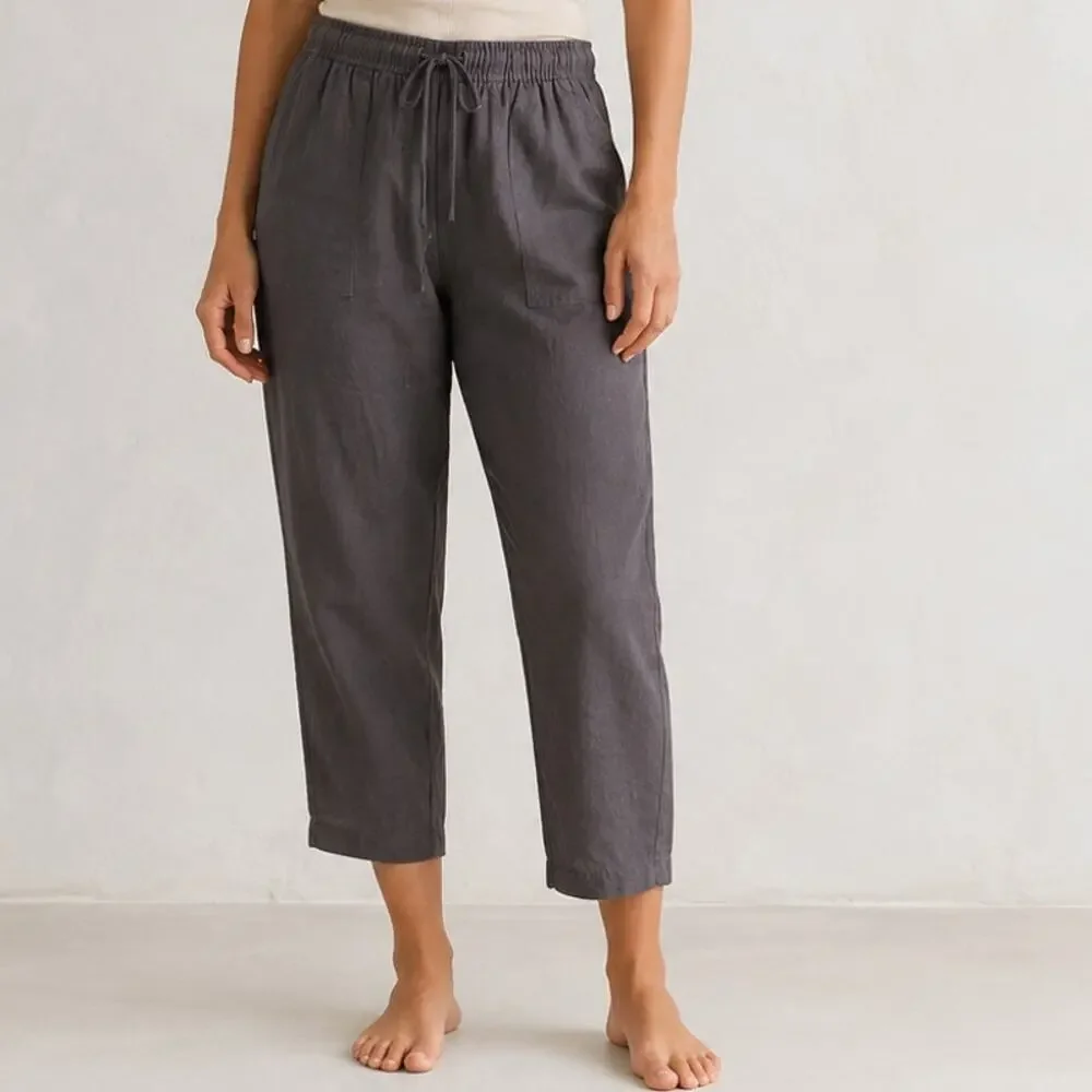 Zara Linen Blend Crop Pants XS Gray Elastic Waist Tie Boho Coastal Relaxed
